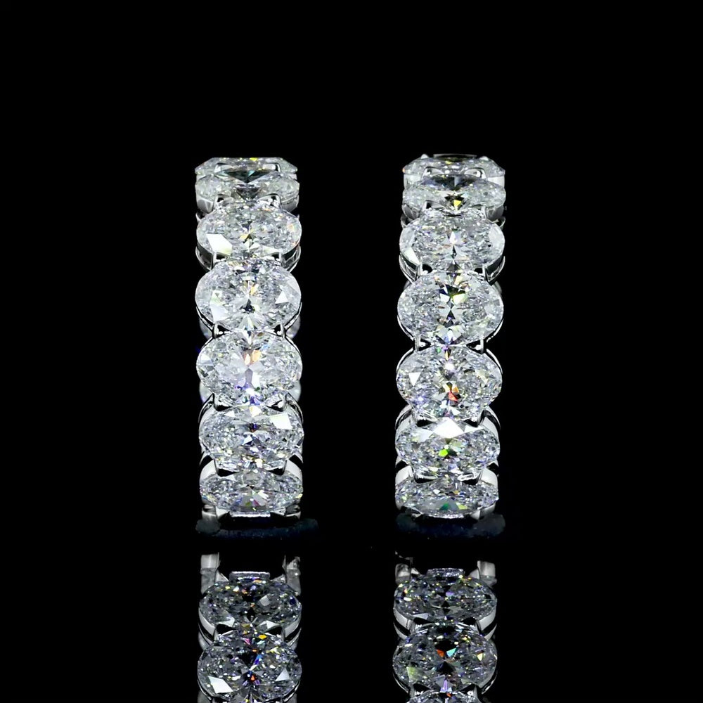 14K White Gold Oval Cut Lab Diamond Huggie Earrings - 6.20 Carat Total Weight, 22 Stones, E-F VS2 Quality - Covaloro Fine Jewelry