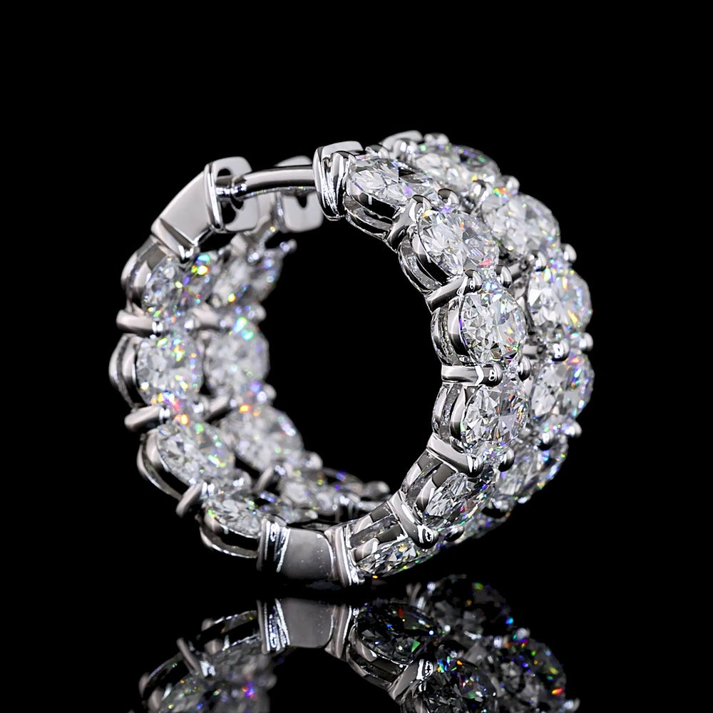 14K White Gold Oval Cut Lab Diamond Huggie Earrings - 6.24 Total Carat Weight, E-F Color VS1 Clarity, Prong Set - Covaloro Fine Jewelry