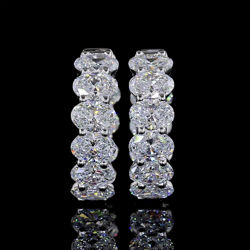 14K White Gold Oval Cut Lab Diamond Huggie Earrings - 6.24 Total Carat Weight, E-F Color VS1 Clarity, Prong Set - Covaloro Fine Jewelry