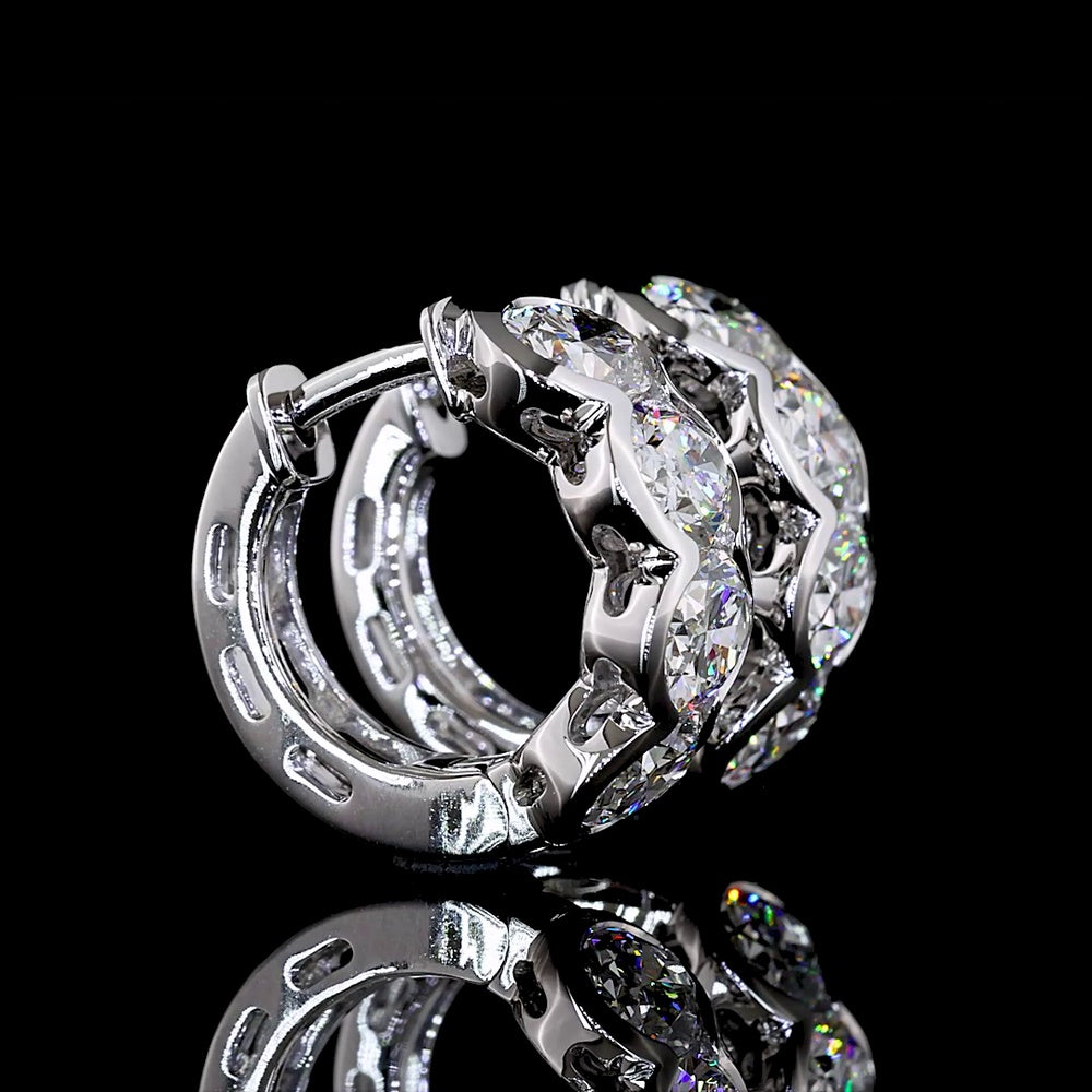 14K White Gold Oval Cut Lab Diamond Huggie Earrings - 8 Stones, 3.01 Carat Total Weight, Half Bezel Setting with E-F VS Diamonds - Covaloro Fine Jewelry
