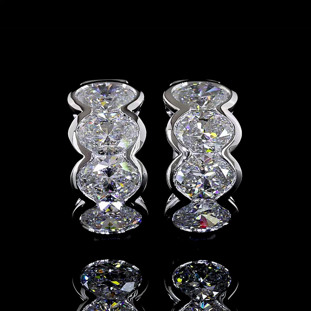 14K White Gold Oval Cut Lab Diamond Huggie Earrings - 8 Stones, 3.01 Carat Total Weight, Half Bezel Setting with E-F VS Diamonds - Covaloro Fine Jewelry