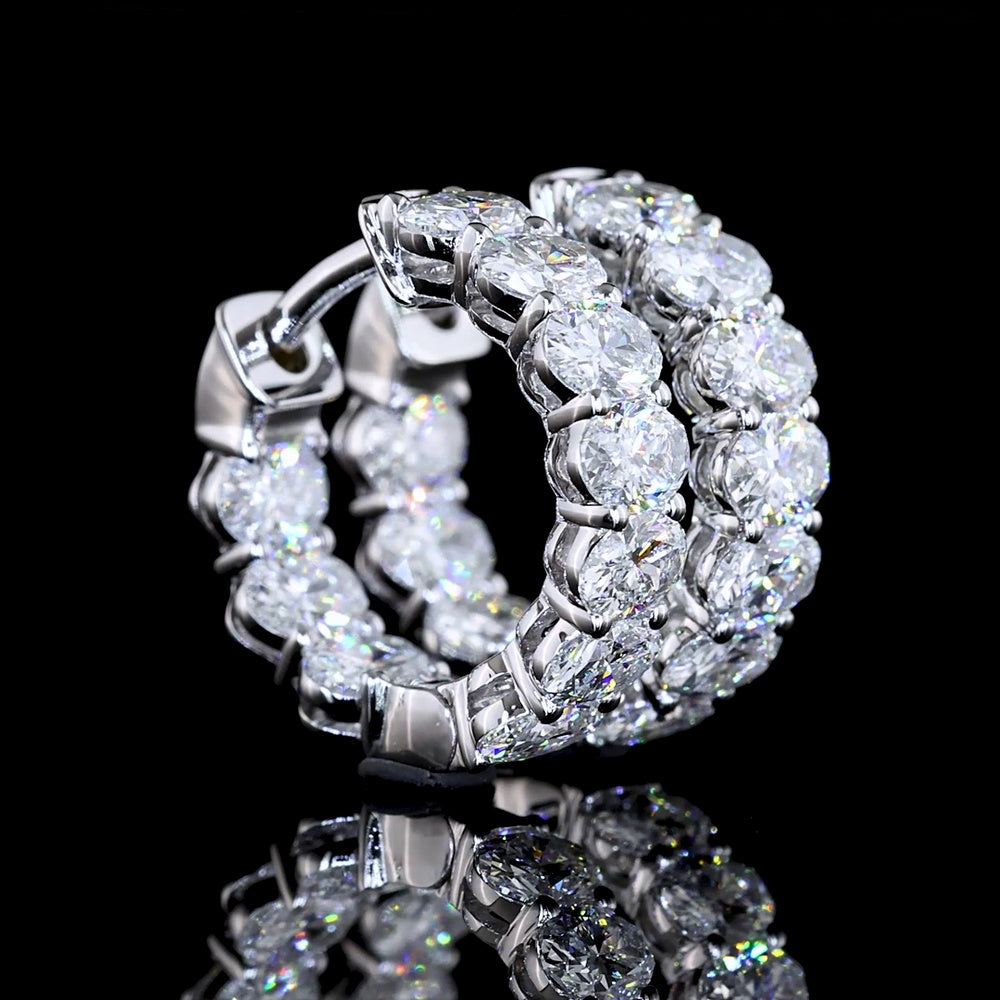 14K White Gold Oval-Cut Lab Diamond Huggie Earrings - Prong Set with 20 Stones, E-F VS Quality - 1.97 Total Carat Weight - Covaloro Fine Jewelry