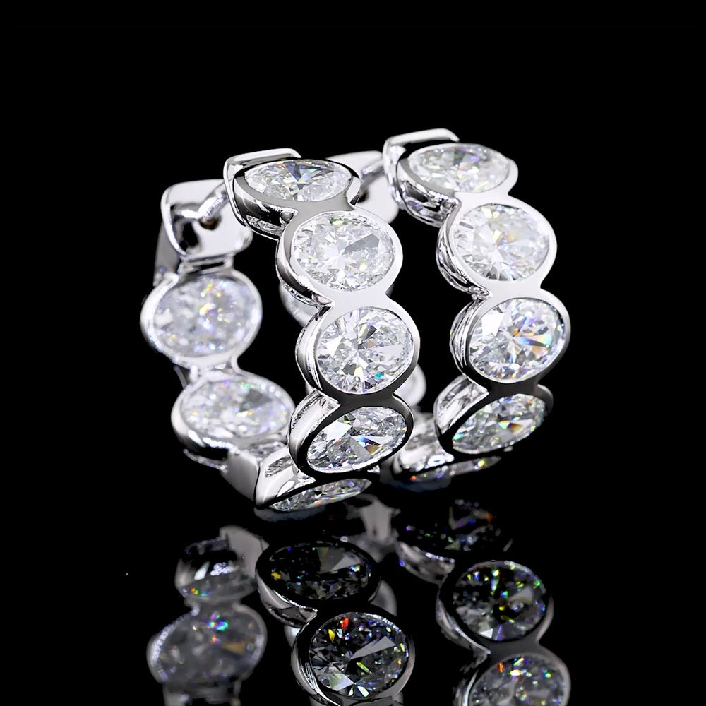 14K White Gold Oval Cut Lab Diamond Huggie Earrings with Bezel Setting - 3.03 Carats Total Diamond Weight (E-F Color, VS Clarity) - Covaloro Fine Jewelry