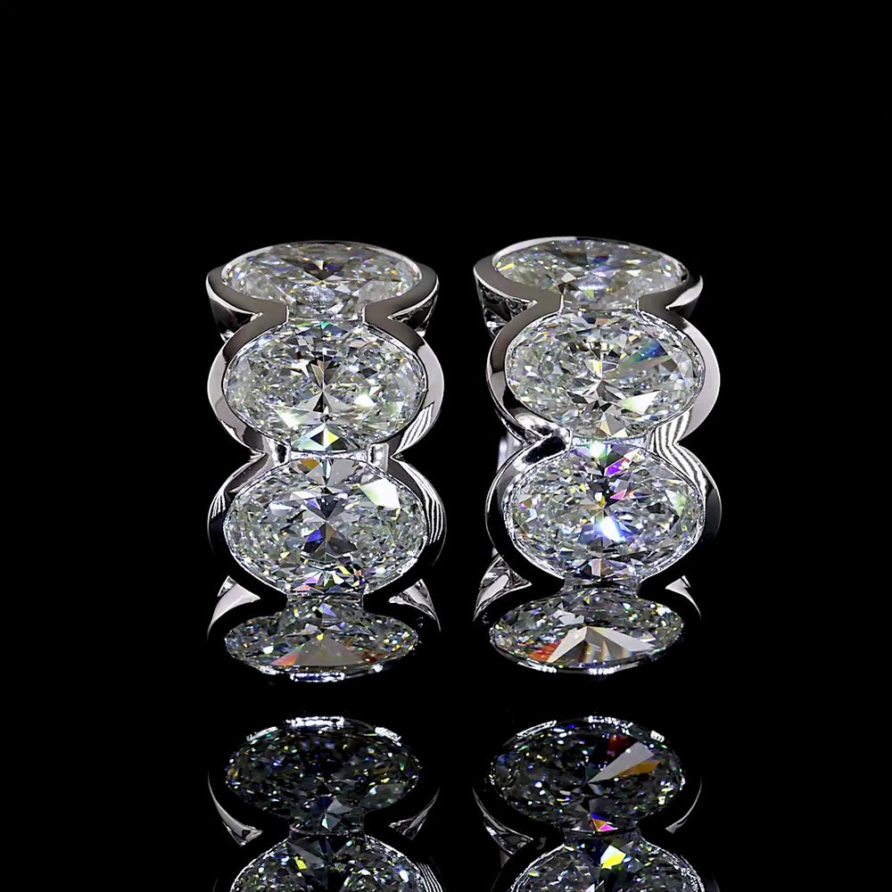14K White Gold Oval Cut Lab Diamond Huggie Earrings with Half Bezel Setting - 5.28 Carats Total Diamond Weight - Covaloro Fine Jewelry