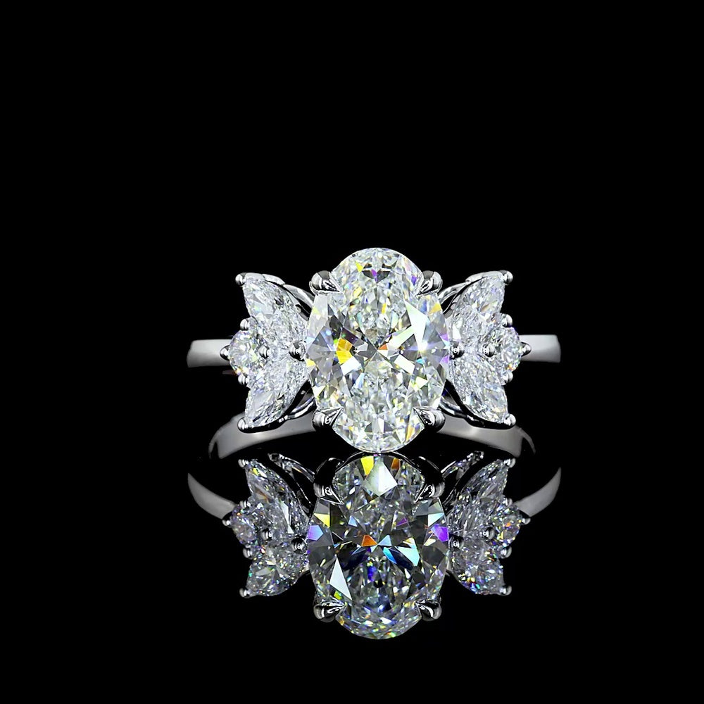 14K White Gold Oval Cut Lab Diamond Ring with Marquise and Brilliant Side Stones - 2.61 Carat Total Diamond Weight - Covaloro Fine Jewelry