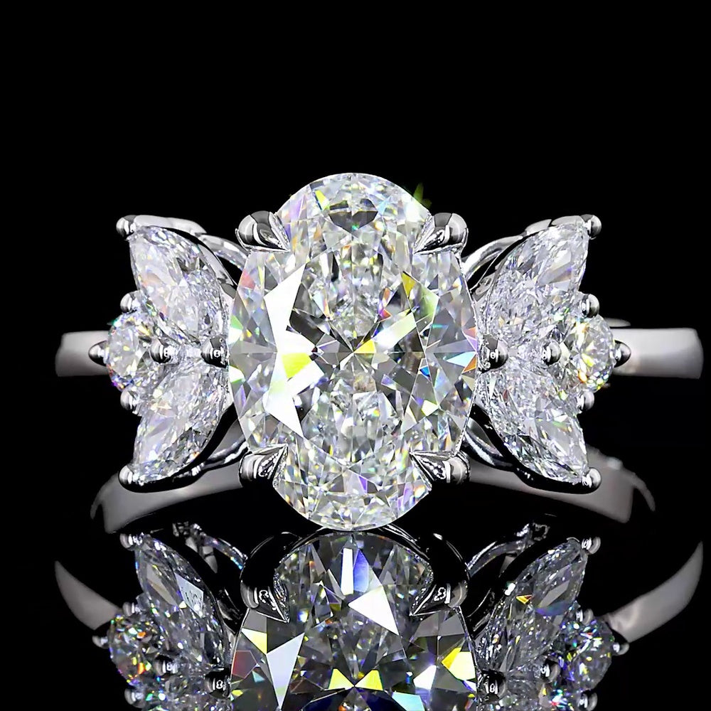 14K White Gold Oval Cut Lab Diamond Ring with Marquise and Brilliant Side Stones - 2.61 Carat Total Diamond Weight - Covaloro Fine Jewelry