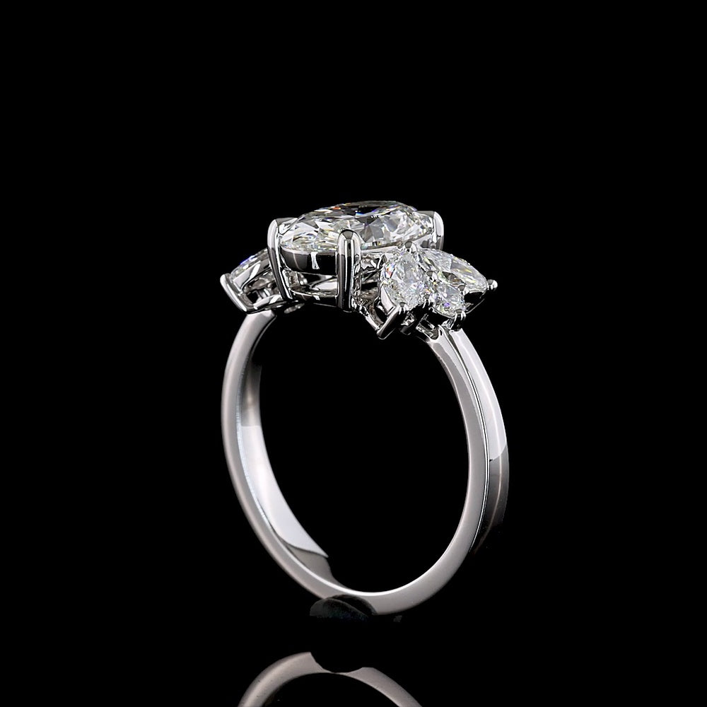 14K White Gold Oval Cut Lab Diamond Ring with Marquise and Brilliant Side Stones - 2.61 Carat Total Diamond Weight - Covaloro Fine Jewelry