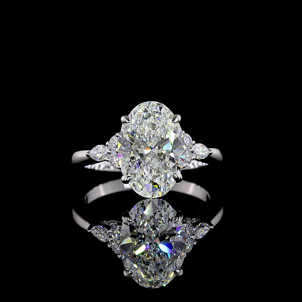 14K White Gold Oval Cut Lab Diamond Ring with Marquise and Round Accents - 3.55 Carat Total Diamond Weight (3.31 Carat Center) - Covaloro Fine Jewelry
