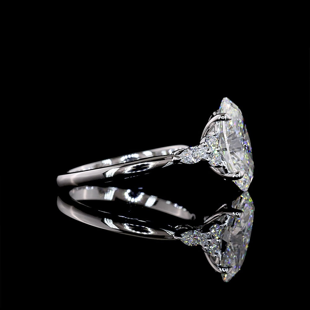 14K White Gold Oval Cut Lab Diamond Ring with Marquise and Round Accents - 3.55 Carat Total Diamond Weight (3.31 Carat Center) - Covaloro Fine Jewelry