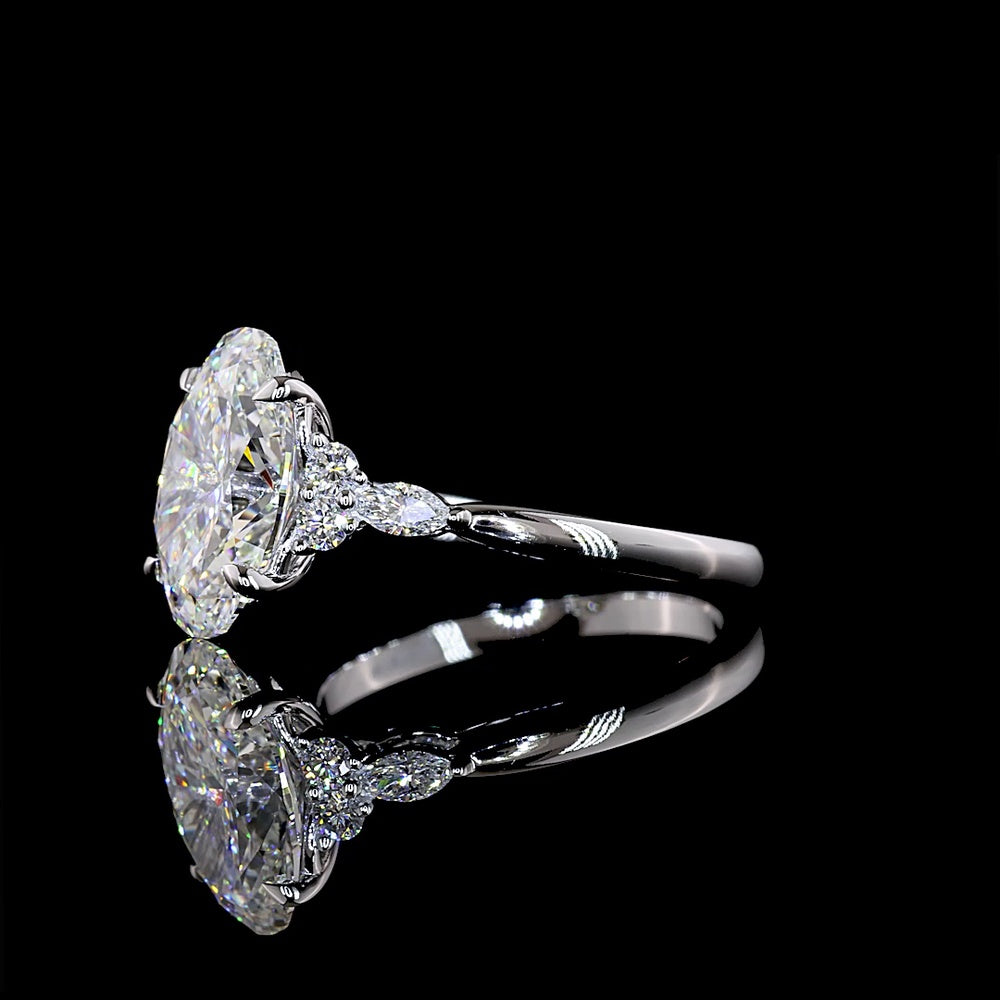 14K White Gold Oval Cut Lab Diamond Ring with Marquise and Round Accents - 3.55 Carat Total Diamond Weight (3.31 Carat Center) - Covaloro Fine Jewelry