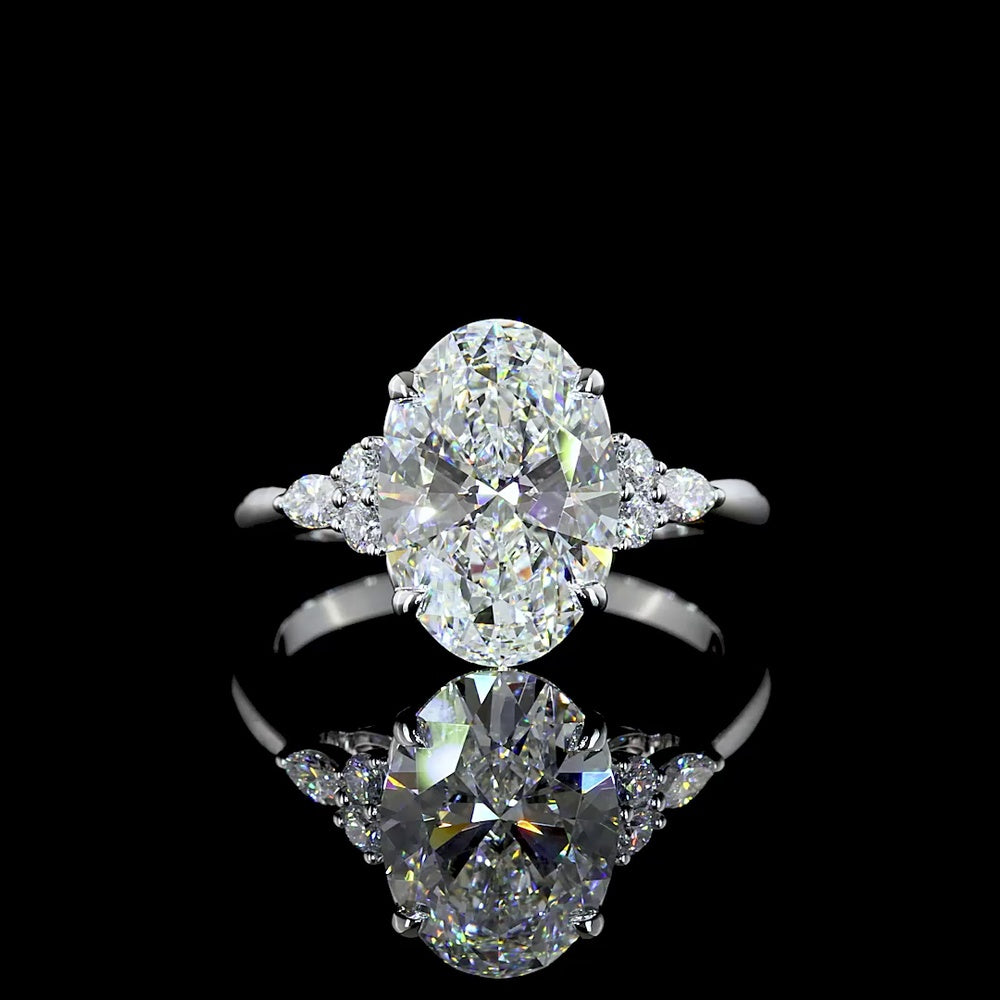 14K White Gold Oval Cut Lab Diamond Ring with Marquise and Round Accents - 4.27 Carat Total Diamond Weight, E VVS2 Clarity - Covaloro Fine Jewelry