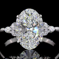 14K White Gold Oval Cut Lab Diamond Ring with Marquise and Round Accents - 4.27 Carat Total Diamond Weight, E VVS2 Clarity - Covaloro Fine Jewelry