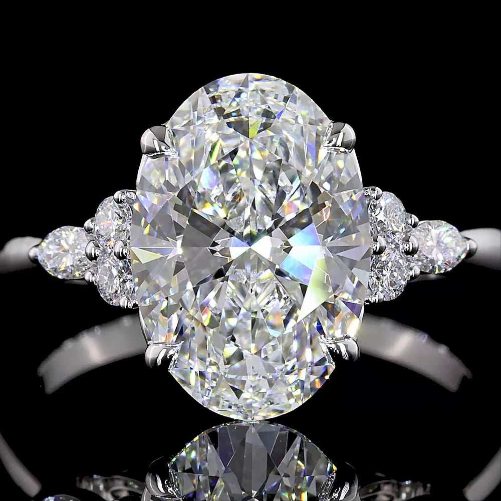 14K White Gold Oval Cut Lab Diamond Ring with Marquise and Round Accents - 4.27 Carat Total Diamond Weight, E VVS2 Clarity - Covaloro Fine Jewelry