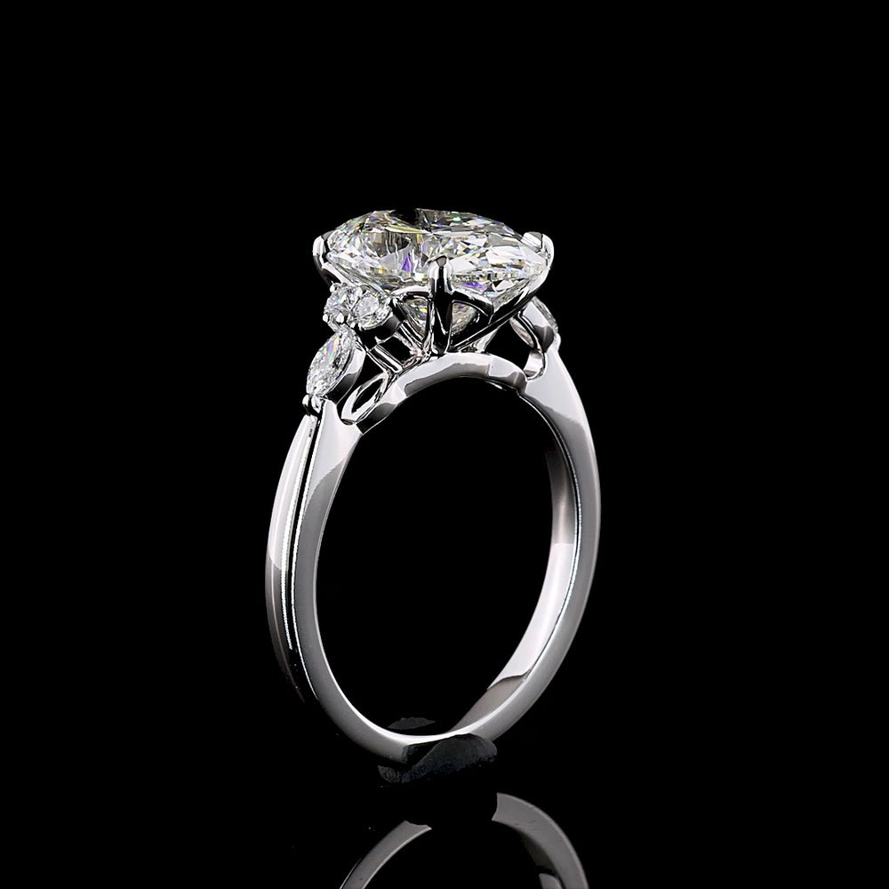 14K White Gold Oval Cut Lab Diamond Ring with Marquise and Round Accents - 4.27 Carat Total Diamond Weight, E VVS2 Clarity - Covaloro Fine Jewelry