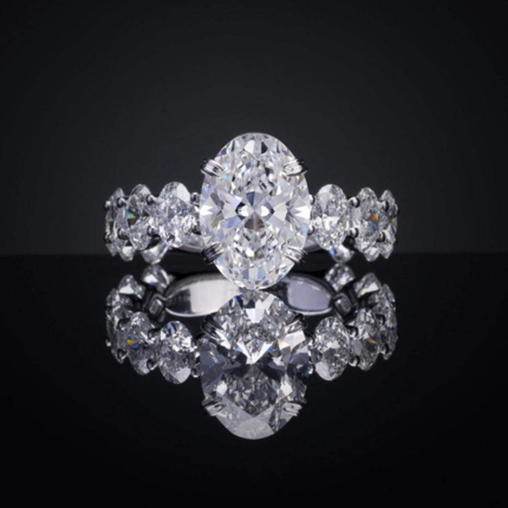14K White Gold Oval Cut Lab Diamond Ring with Side Stones - 6.31 Carat Total Diamond Weight, F VS1 Center - Covaloro Fine Jewelry