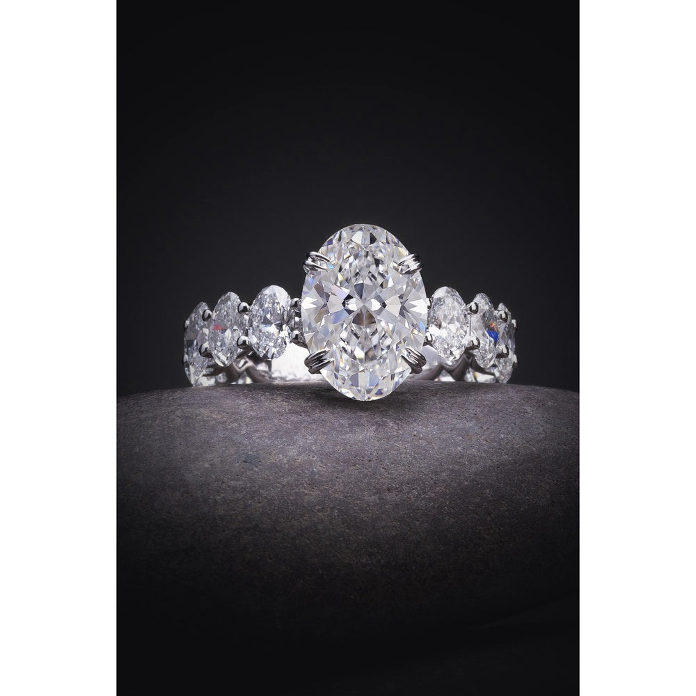 14K White Gold Oval Cut Lab Diamond Ring with Side Stones - 6.31 Carat Total Diamond Weight, F VS1 Center - Covaloro Fine Jewelry