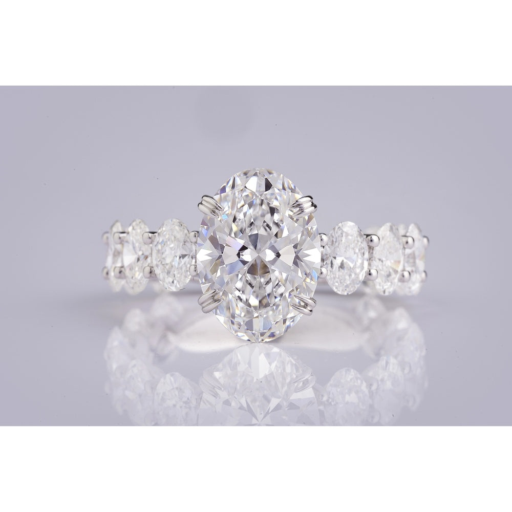 14K White Gold Oval Cut Lab Diamond Ring with Side Stones - 6.31 Carat Total Diamond Weight, F VS1 Center - Covaloro Fine Jewelry