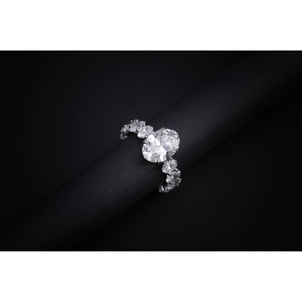 14K White Gold Oval Cut Lab Diamond Ring with Side Stones - 6.31 Carat Total Diamond Weight, F VS1 Center - Covaloro Fine Jewelry
