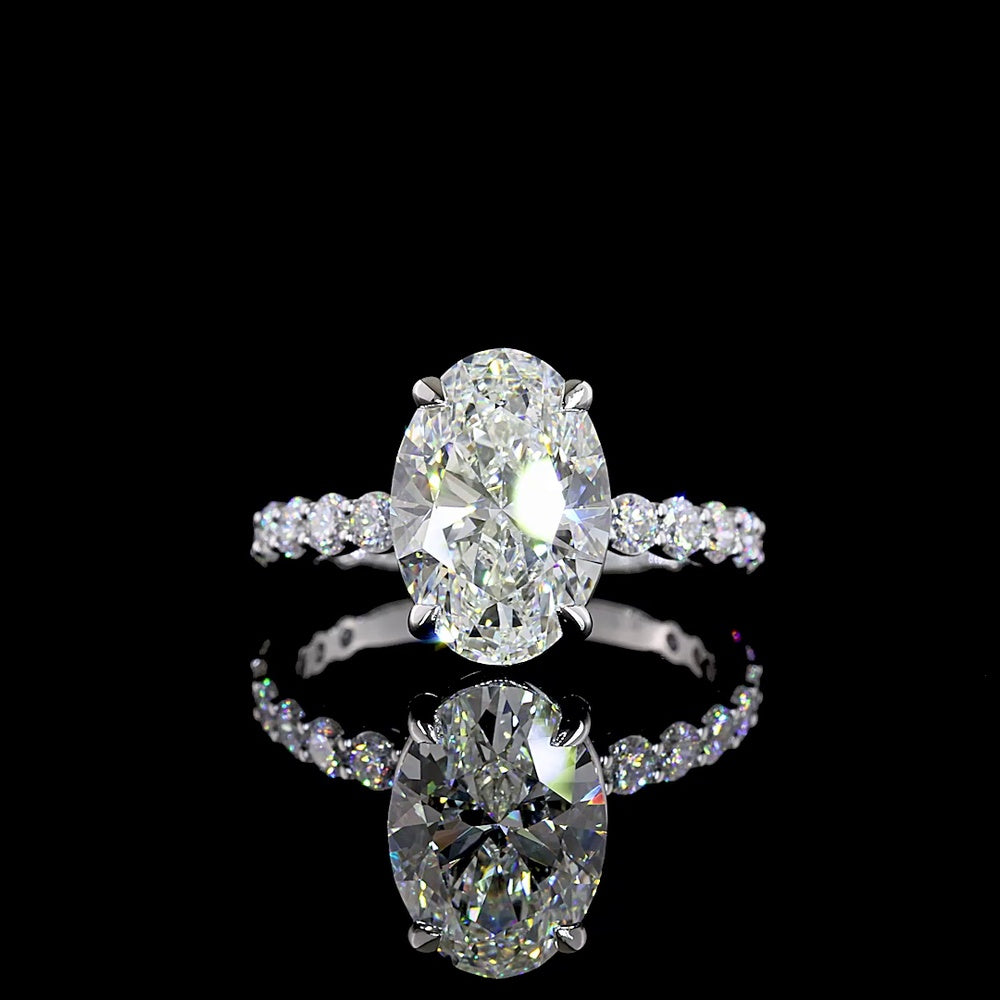 14K White Gold Oval Cut Lab Diamond Solitaire Ring with Diamond Shank - 3.58 Carat Center, 4.48 Carat Total Weight, E VVS2, IGI Certified - Covaloro Fine Jewelry