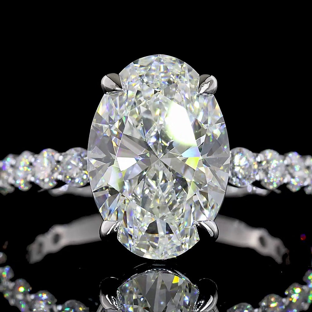 14K White Gold Oval Cut Lab Diamond Solitaire Ring with Diamond Shank - 3.58 Carat Center, 4.48 Carat Total Weight, E VVS2, IGI Certified - Covaloro Fine Jewelry