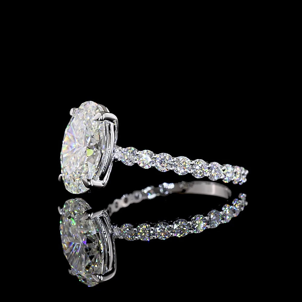 14K White Gold Oval Cut Lab Diamond Solitaire Ring with Diamond Shank - 3.58 Carat Center, 4.48 Carat Total Weight, E VVS2, IGI Certified - Covaloro Fine Jewelry