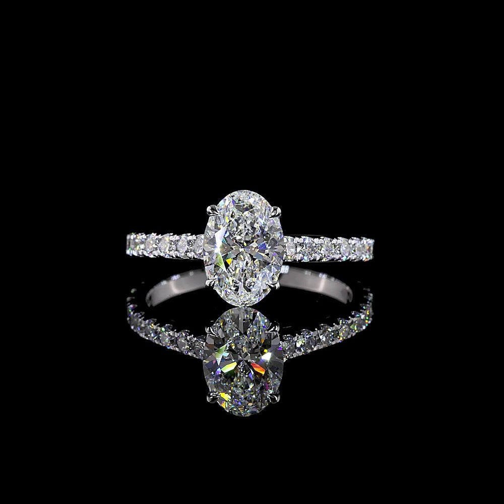 14K White Gold Oval Cut Lab Diamond Solitaire Shank Ring with 1.54 Carat E VVS1 Center and 0.62 Carat Brilliant Accent Diamonds - 2.16 Total Carat Weight, IGI Certified - Covaloro Fine Jewelry