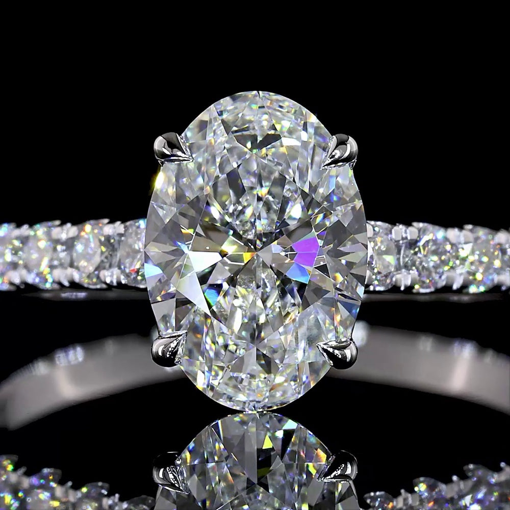 14K White Gold Oval Cut Lab Diamond Solitaire Shank Ring with 1.54 Carat E VVS1 Center and 0.62 Carat Brilliant Accent Diamonds - 2.16 Total Carat Weight, IGI Certified - Covaloro Fine Jewelry