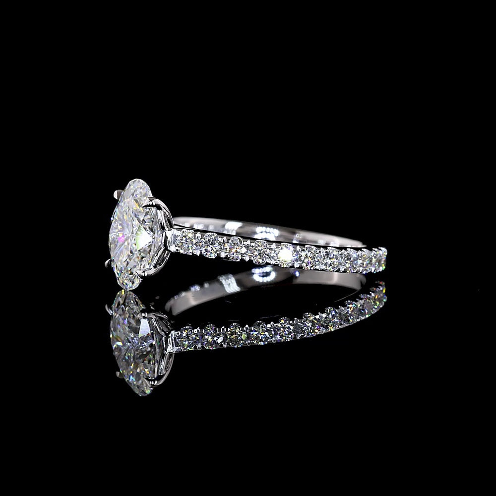 14K White Gold Oval Cut Lab Diamond Solitaire Shank Ring with 1.54 Carat E VVS1 Center and 0.62 Carat Brilliant Accent Diamonds - 2.16 Total Carat Weight, IGI Certified - Covaloro Fine Jewelry