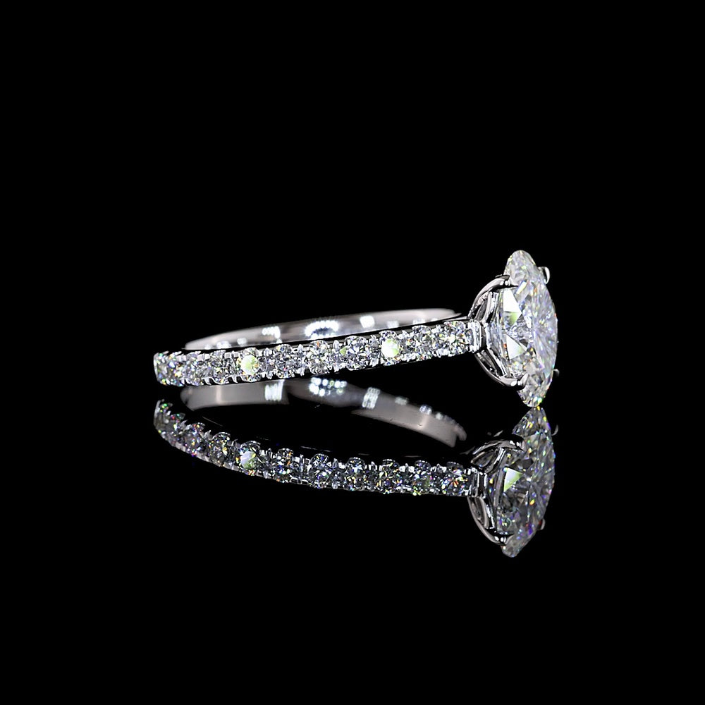 14K White Gold Oval Cut Lab Diamond Solitaire Shank Ring with 1.54 Carat E VVS1 Center and 0.62 Carat Brilliant Accent Diamonds - 2.16 Total Carat Weight, IGI Certified - Covaloro Fine Jewelry