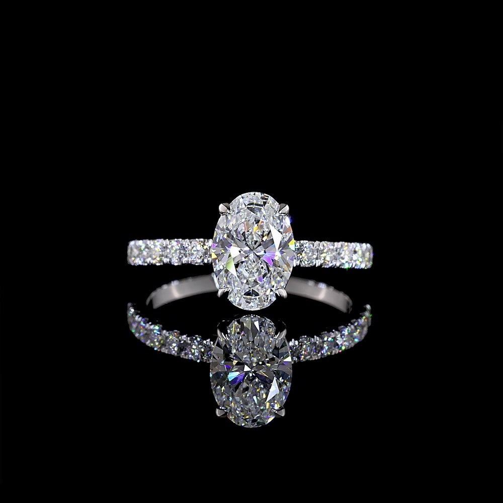 14K White Gold Oval Cut Lab Diamond Solitaire Shank Ring with D VVS2 Center Stone and Brilliant Cut Side Diamonds - 1.94 Carats Total Diamond Weight - Covaloro Fine Jewelry