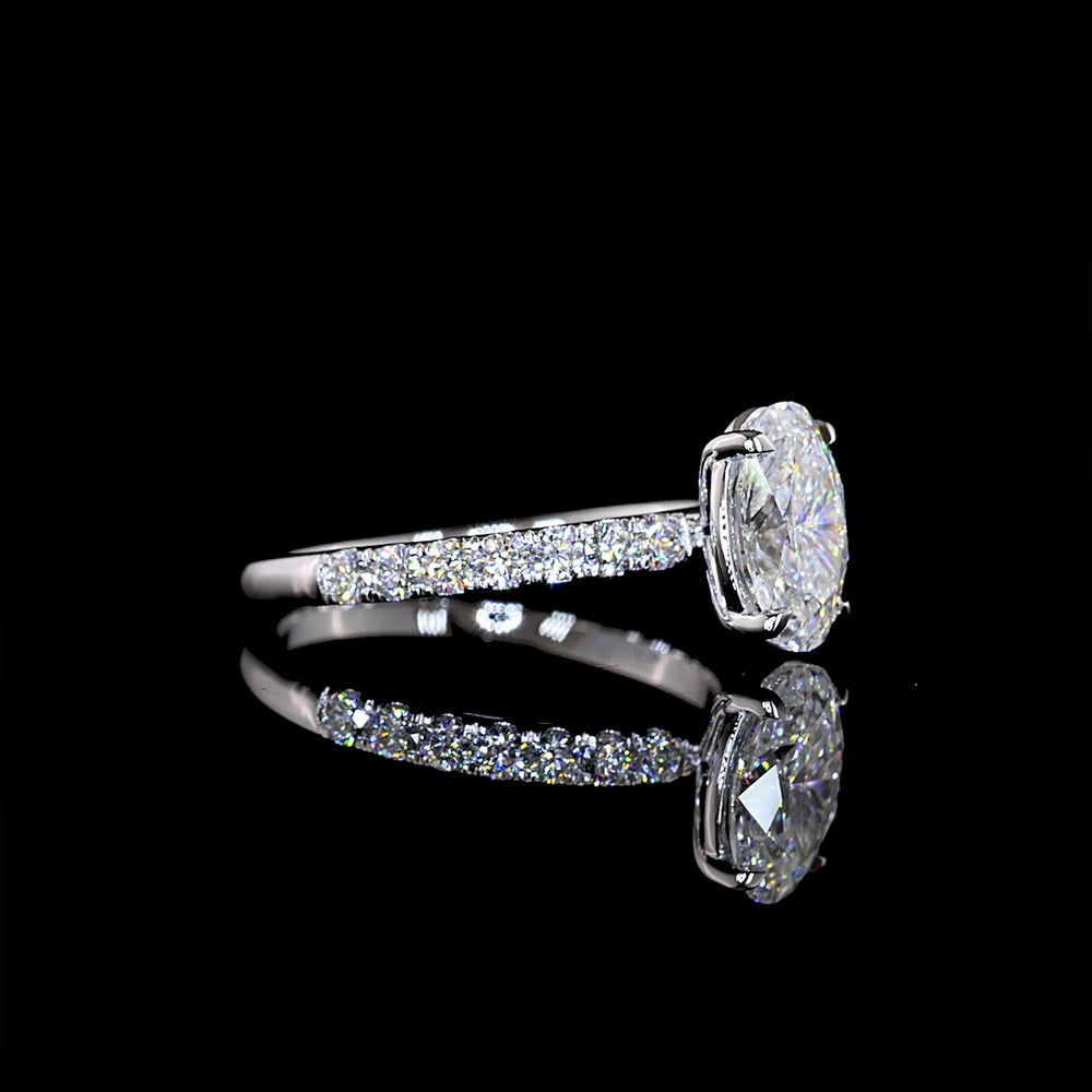 14K White Gold Oval Cut Lab Diamond Solitaire Shank Ring with D VVS2 Center Stone and Brilliant Cut Side Diamonds - 1.94 Carats Total Diamond Weight - Covaloro Fine Jewelry