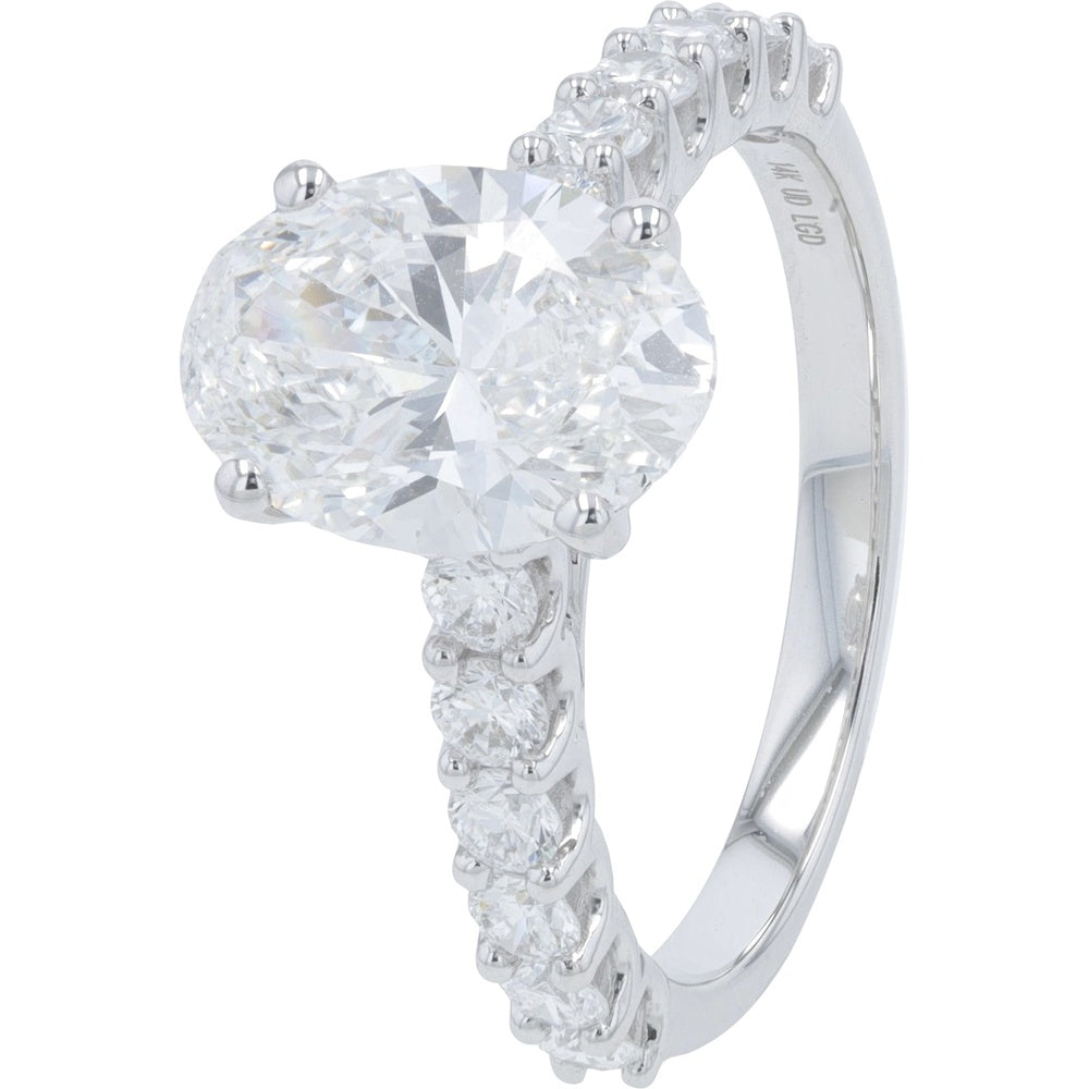 14K White Gold Oval Cut Lab Grown Diamond Engagement Ring with Accented Diamond Band - 3.00 Carat Total Diamond Weight