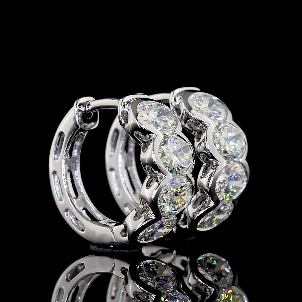 14K White Gold Oval Cut Lab-Grown Diamond Huggie Earrings with Half Bezel Setting - 2.08 Carats Total Diamond Weight - Covaloro Fine Jewelry