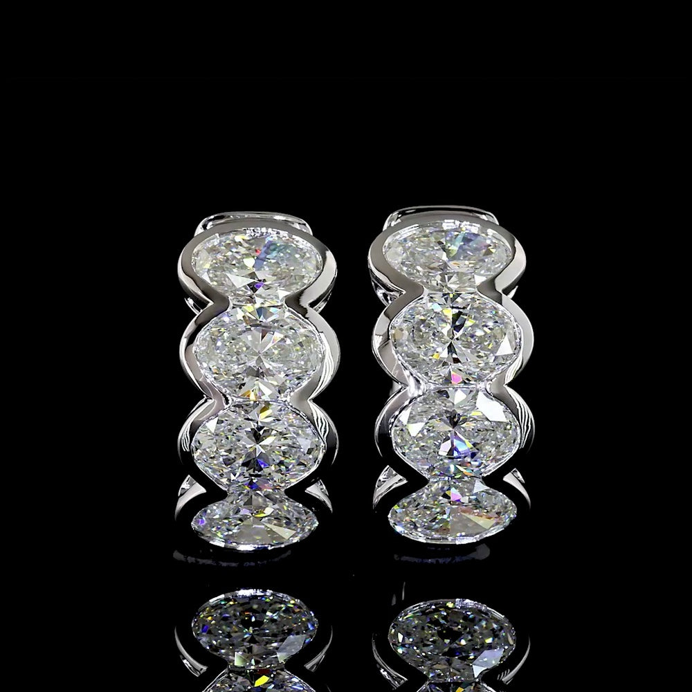 14K White Gold Oval Cut Lab-Grown Diamond Huggie Earrings with Half Bezel Setting - 2.08 Carats Total Diamond Weight - Covaloro Fine Jewelry