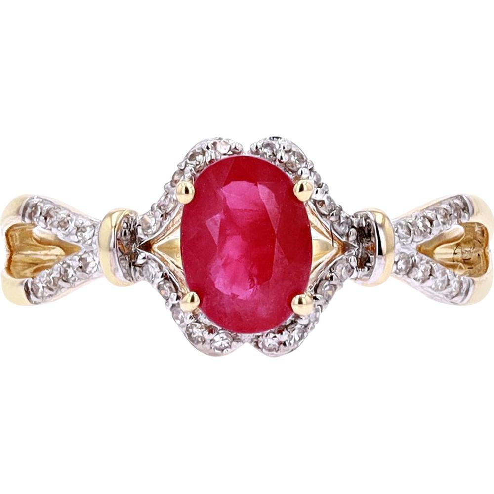 14K White Gold Oval-Cut Ruby and Diamond Halo Ring - 0.14 Carats Total Diamond Weight