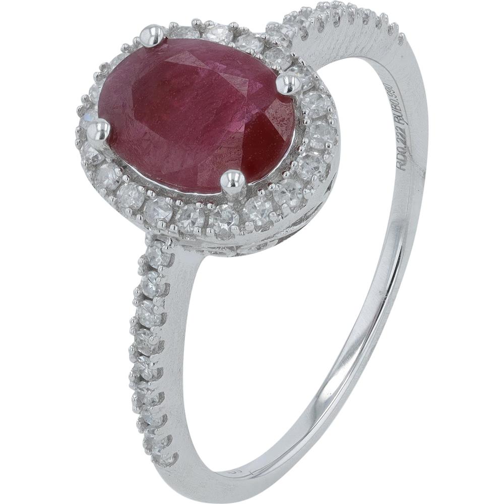 14K White Gold Oval-Cut Ruby and Diamond Halo Ring - 1.32 Carats Ruby and 0.25 Carats Diamond Weight