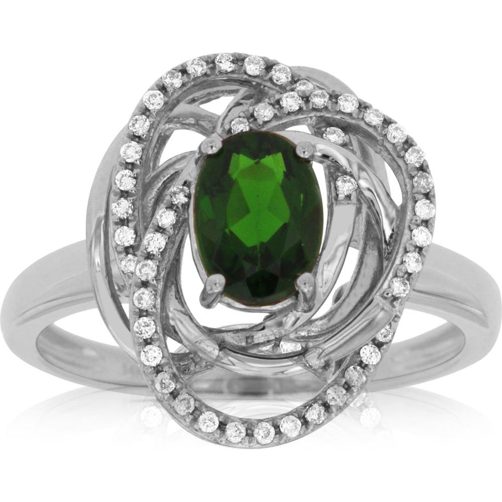 14K White Gold Oval Cut Russalite and Diamond Swirl Halo Ring - 0.95 Carat Russalite, 0.15 Carat Diamond Total Weight - Royal Jewelry
