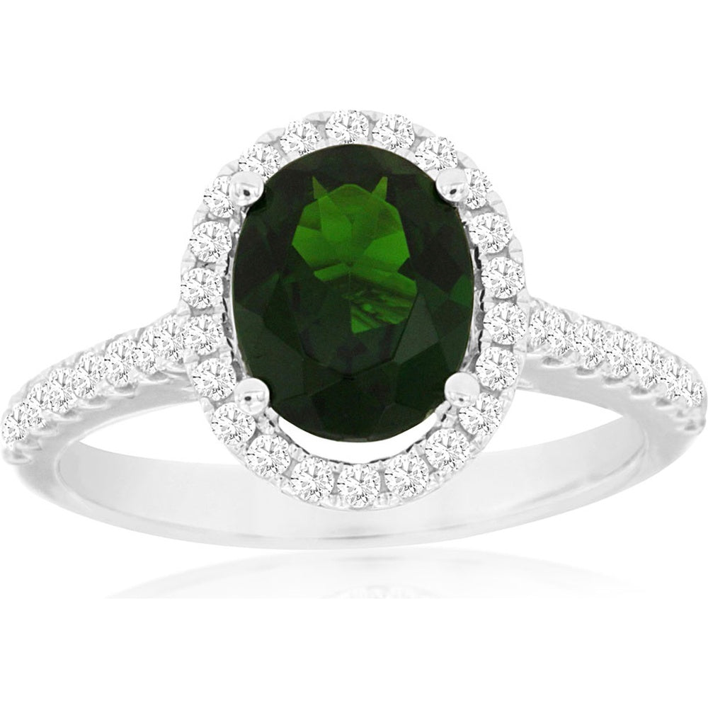 14K White Gold Oval-Cut Russalite Ring with Diamond Halo - 2.00 Carat Russalite and 0.44 Carat Total Diamond Weight - Royal Jewelry