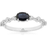 14K White Gold Oval Cut Sapphire & Diamond Scalloped Band Ring - 0.55 Carat Sapphire, 0.25 Carat Diamond Total Weight - Royal Jewelry