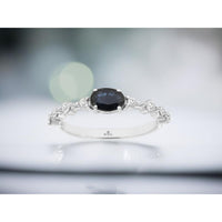 14K White Gold Oval Cut Sapphire & Diamond Scalloped Band Ring - 0.55 Carat Sapphire, 0.25 Carat Diamond Total Weight - Royal Jewelry