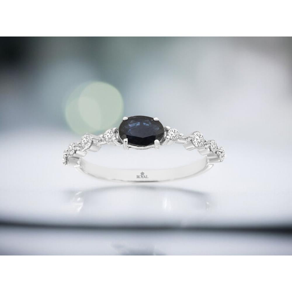 14K White Gold Oval Cut Sapphire & Diamond Scalloped Band Ring - 0.55 Carat Sapphire, 0.25 Carat Diamond Total Weight - Royal Jewelry