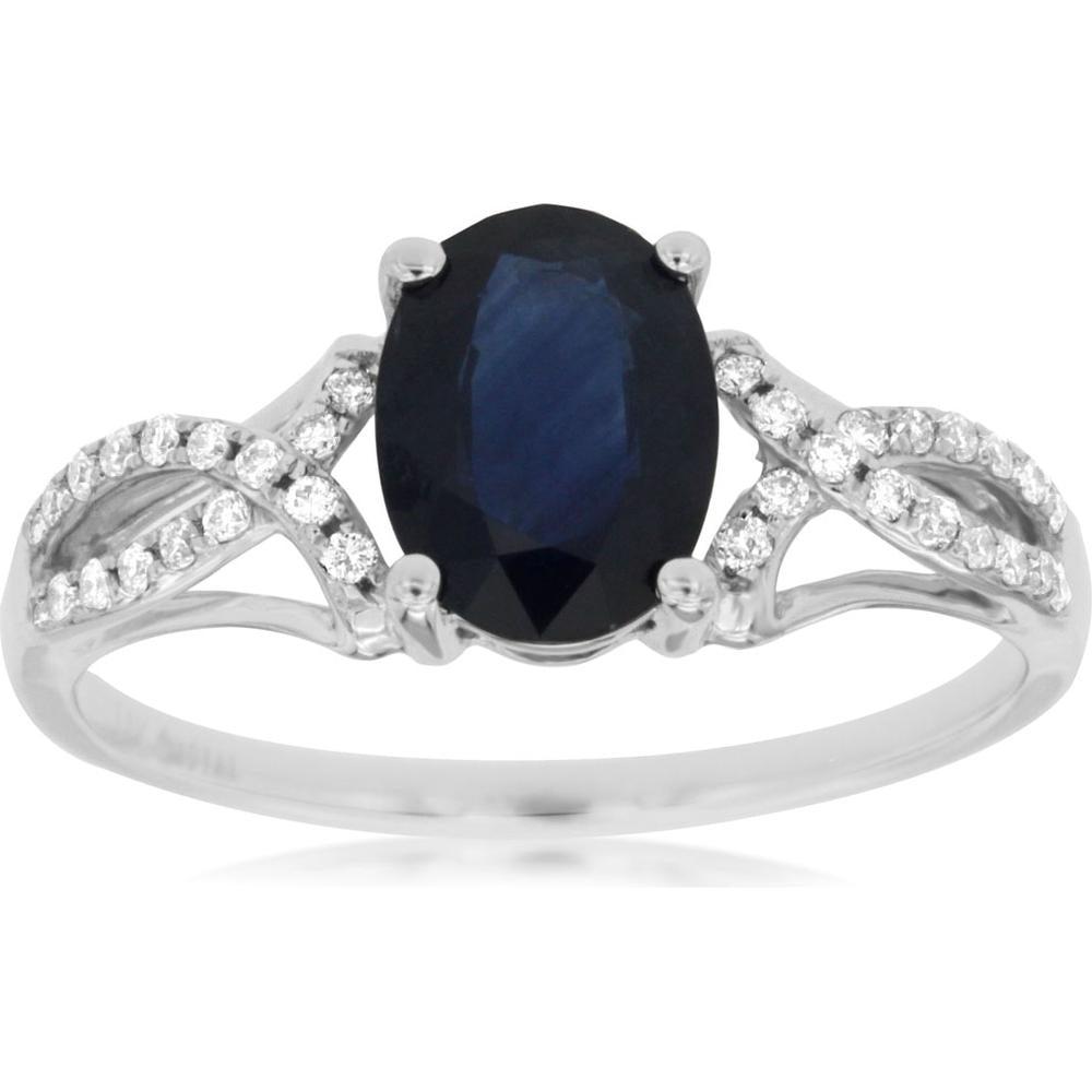14K White Gold Oval Cut Sapphire Ring with Twisted Diamond-Accented Band - 1.45 Carat Sapphire & 0.14 Carat Total Diamond Weight - Royal Jewelry