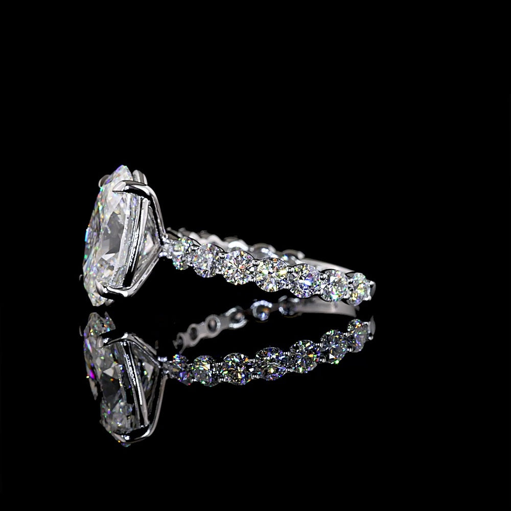 14K White Gold Oval Cut Solitaire Diamond Shank Ring - 5.47 Carat Total Diamond Weight (4.07 Carat Center D VVS2 Lab Diamond) with Brilliant Cut Side Diamonds - IGI Certified - Covaloro Fine Jewelry