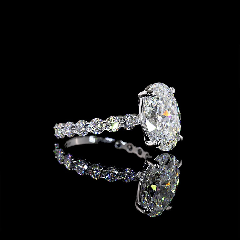14K White Gold Oval Cut Solitaire Diamond Shank Ring - 5.47 Carat Total Diamond Weight (4.07 Carat Center D VVS2 Lab Diamond) with Brilliant Cut Side Diamonds - IGI Certified - Covaloro Fine Jewelry