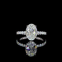 14K White Gold Oval Cut Solitaire Diamond Shank Ring with 22 Brilliant Cut Accent Lab Diamonds - 3.18 Carats Total Diamond Weight (2.52 Carats Center) - Covaloro Fine Jewelry
