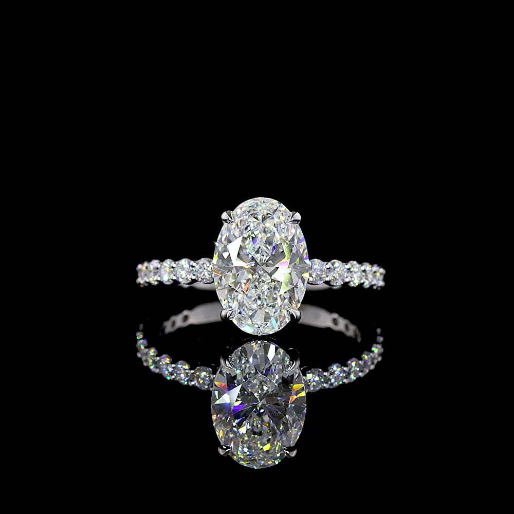 14K White Gold Oval Cut Solitaire Diamond Shank Ring with 22 Brilliant Cut Accent Lab Diamonds - 3.18 Carats Total Diamond Weight (2.52 Carats Center) - Covaloro Fine Jewelry