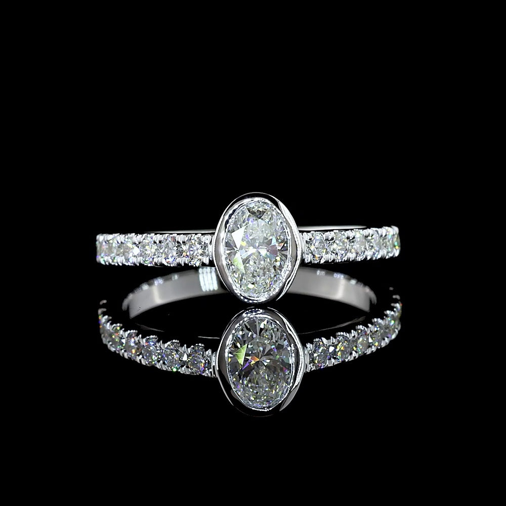 14K White Gold Oval Cut Solitaire Shank Ring with Bezel Center and Accent Diamonds - 0.76 Carat Total Weight, Lab Grown E VS1 Diamonds - Covaloro Fine Jewelry