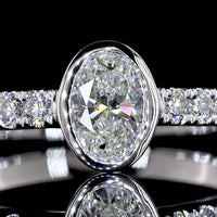14K White Gold Oval Cut Solitaire Shank Ring with Bezel Center and Accent Diamonds - 0.76 Carat Total Weight, Lab Grown E VS1 Diamonds - Covaloro Fine Jewelry