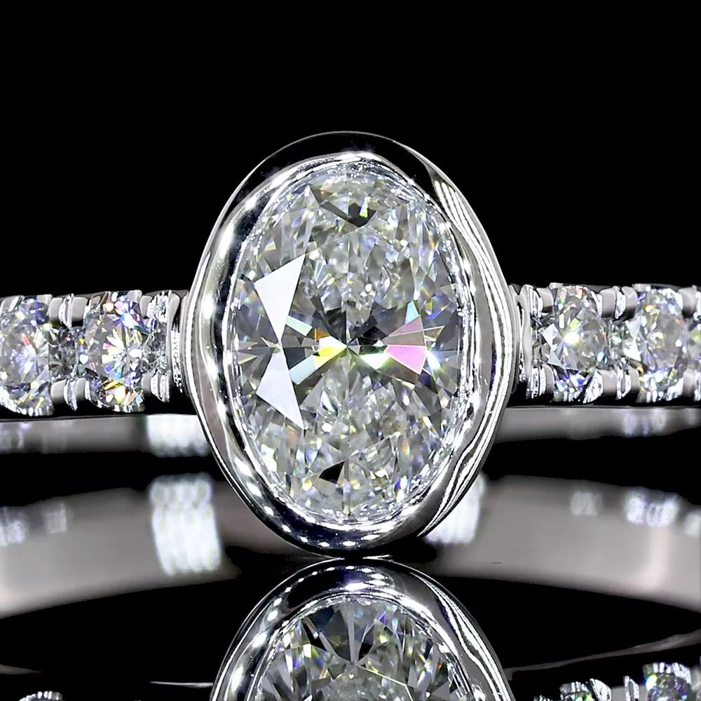 14K White Gold Oval Cut Solitaire Shank Ring with Bezel Center and Accent Diamonds - 0.76 Carat Total Weight, Lab Grown E VS1 Diamonds - Covaloro Fine Jewelry