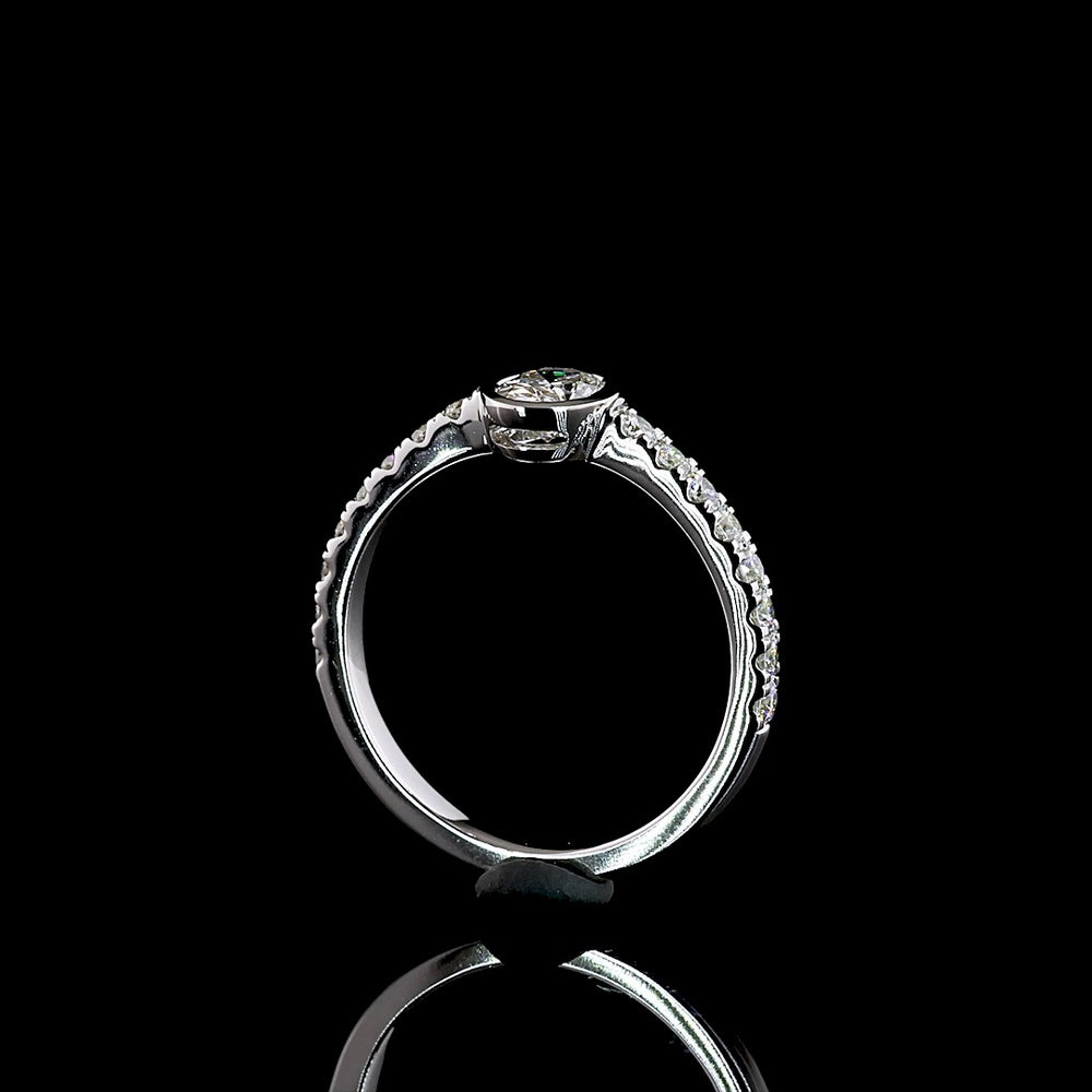 14K White Gold Oval Cut Solitaire Shank Ring with Bezel Center and Accent Diamonds - 0.76 Carat Total Weight, Lab Grown E VS1 Diamonds - Covaloro Fine Jewelry